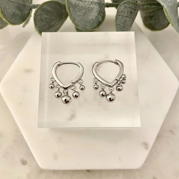 925 Sterling Silver Dangle Ball Huggie Earrings Bead Earrings Dainty Hoops - Picture 5 of 5